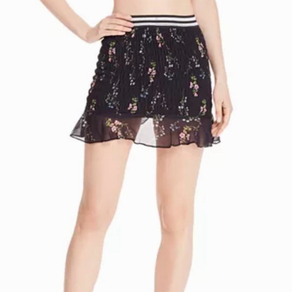 NWT For Love & Lemons Black dainty Floral print smocked ruffled mini skirt XS